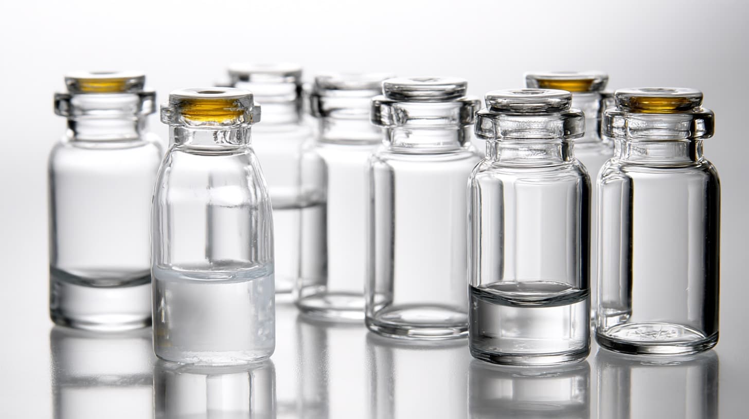 Clear glass laboratory vials in a clinical light